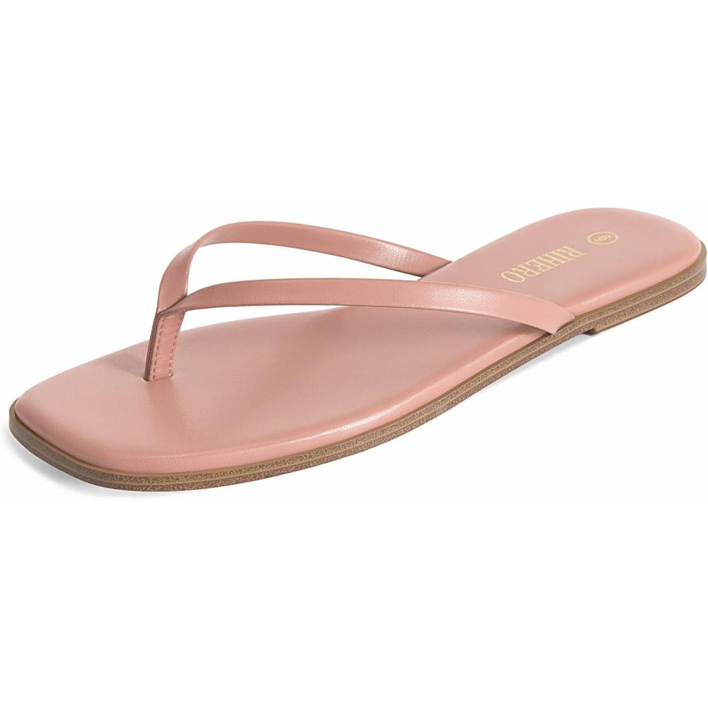imageRihero Flip Flops for Women Comfortable Square Toe Beach Sandals Slip On Leather Thong Flat Sandals DressyPink