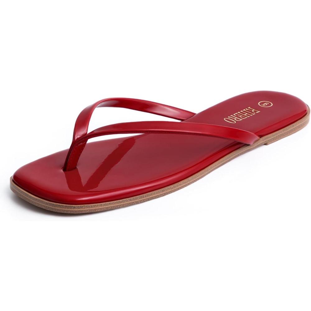 imageRihero Flip Flops for Women Comfortable Square Toe Beach Sandals Slip On Leather Thong Flat Sandals DressyRed Patent