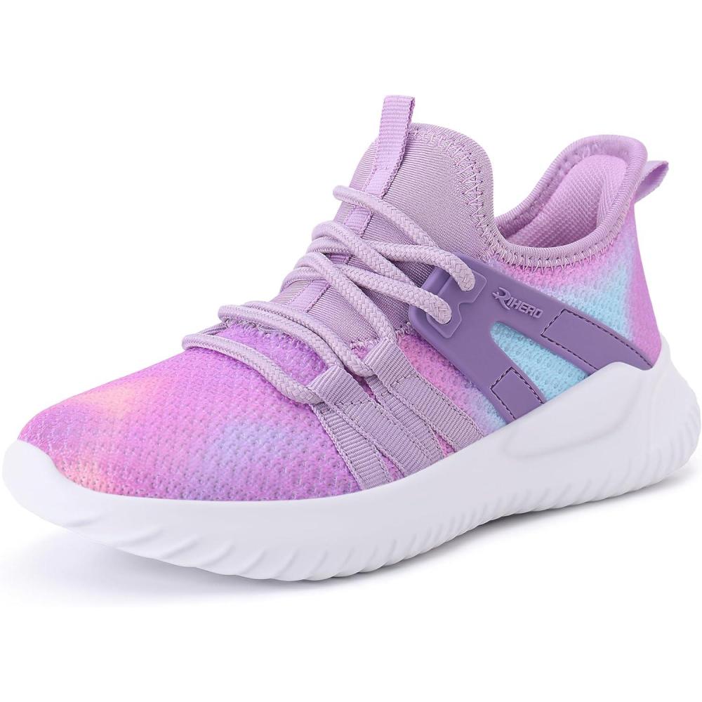 imageRihero Girls Tennis Shoes Kids Running Shoes Toddler LaceUp Lightweight Walking Slip On SneakersGradient Purple