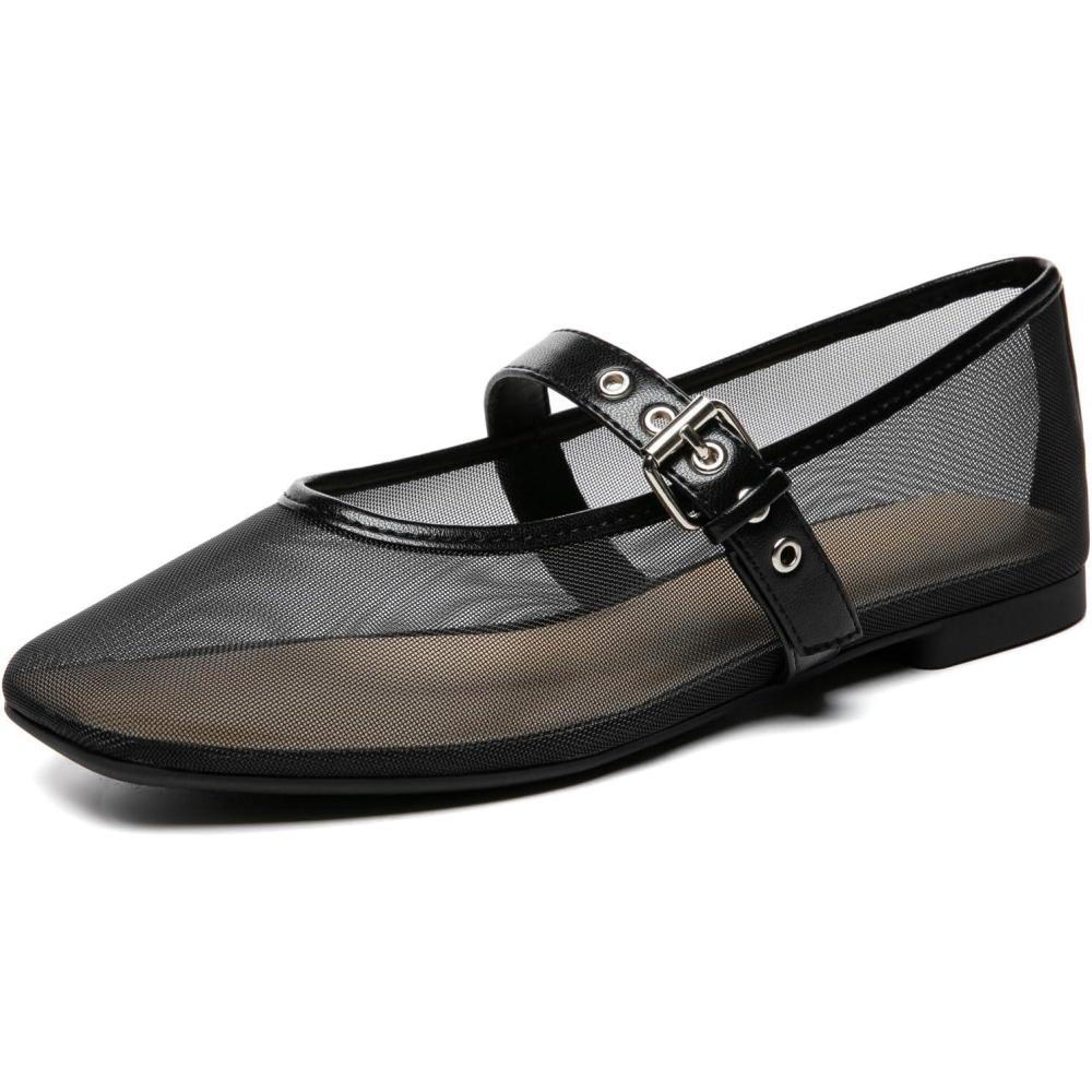 imageRihero Mesh Ballet Flats for Women Square Toe Mary Jane Flats Comfortable Casual Ballerina ShoesBlack