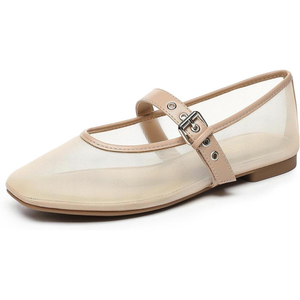 imageRihero Mesh Ballet Flats for Women Square Toe Mary Jane Flats Comfortable Casual Ballerina ShoesNude