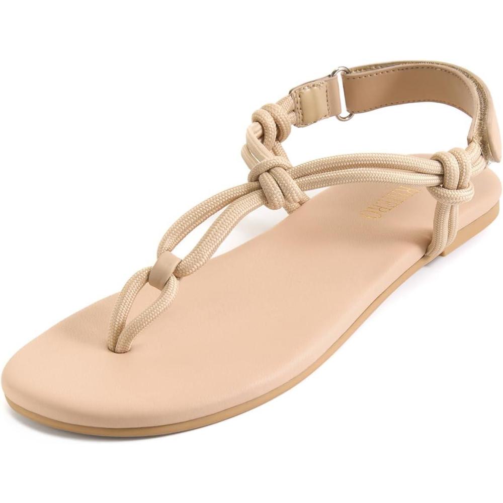 imageRihero Rope Thong Sandals for Women Ankle Strap Slip On Comfortable Beach Flat SandalsNude