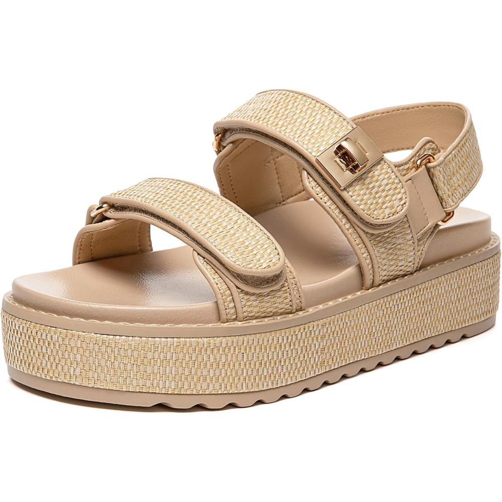 imageRihero Womens Comfortable Open Toe Platform Sandals Fashion One Band Summer Dressy Flatform SandalsNatural Raffia