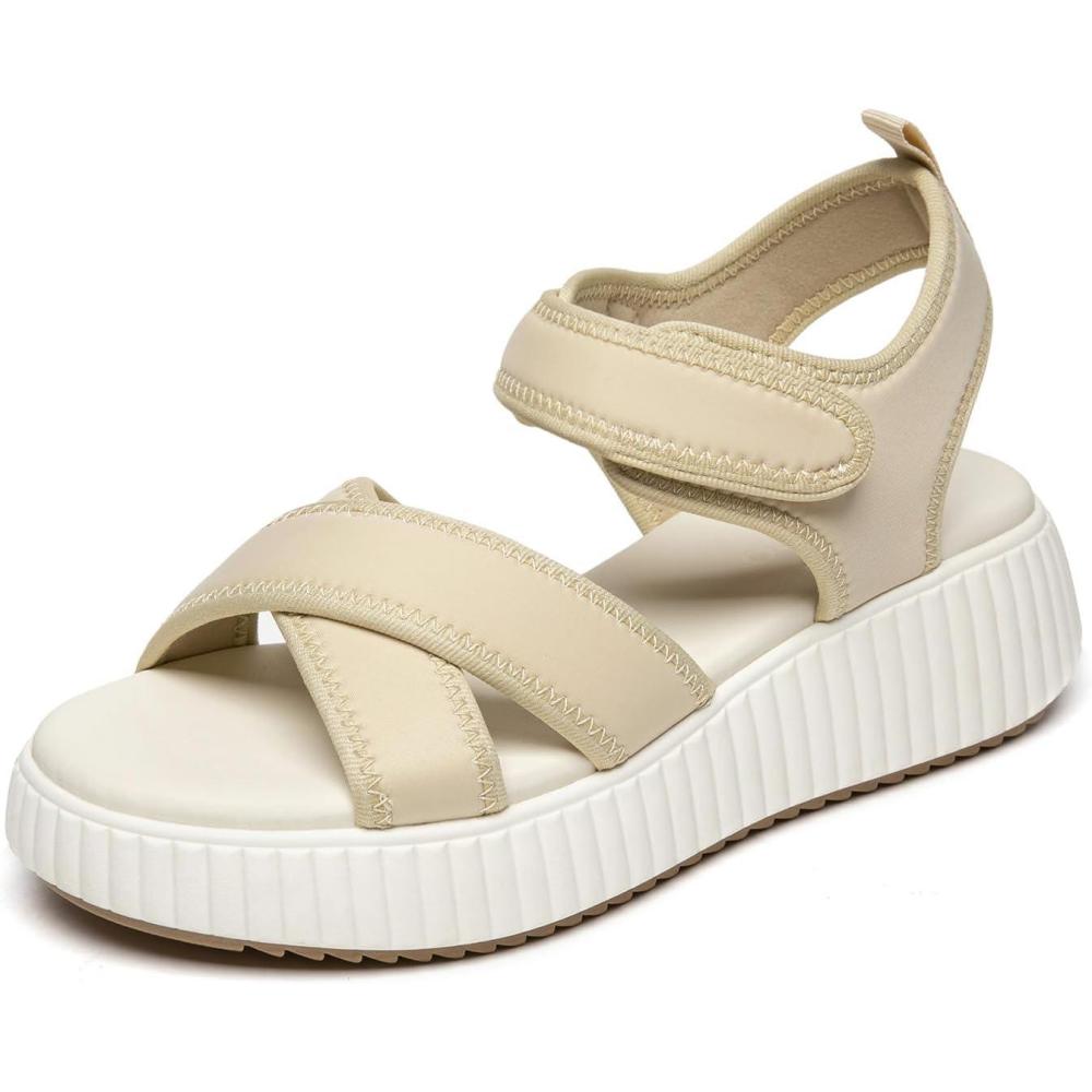 imageRihero Womens Comfortable Platform Sport Sandals Open Toe Soft Adjustable Summer Beach Wedge SandalsBeige