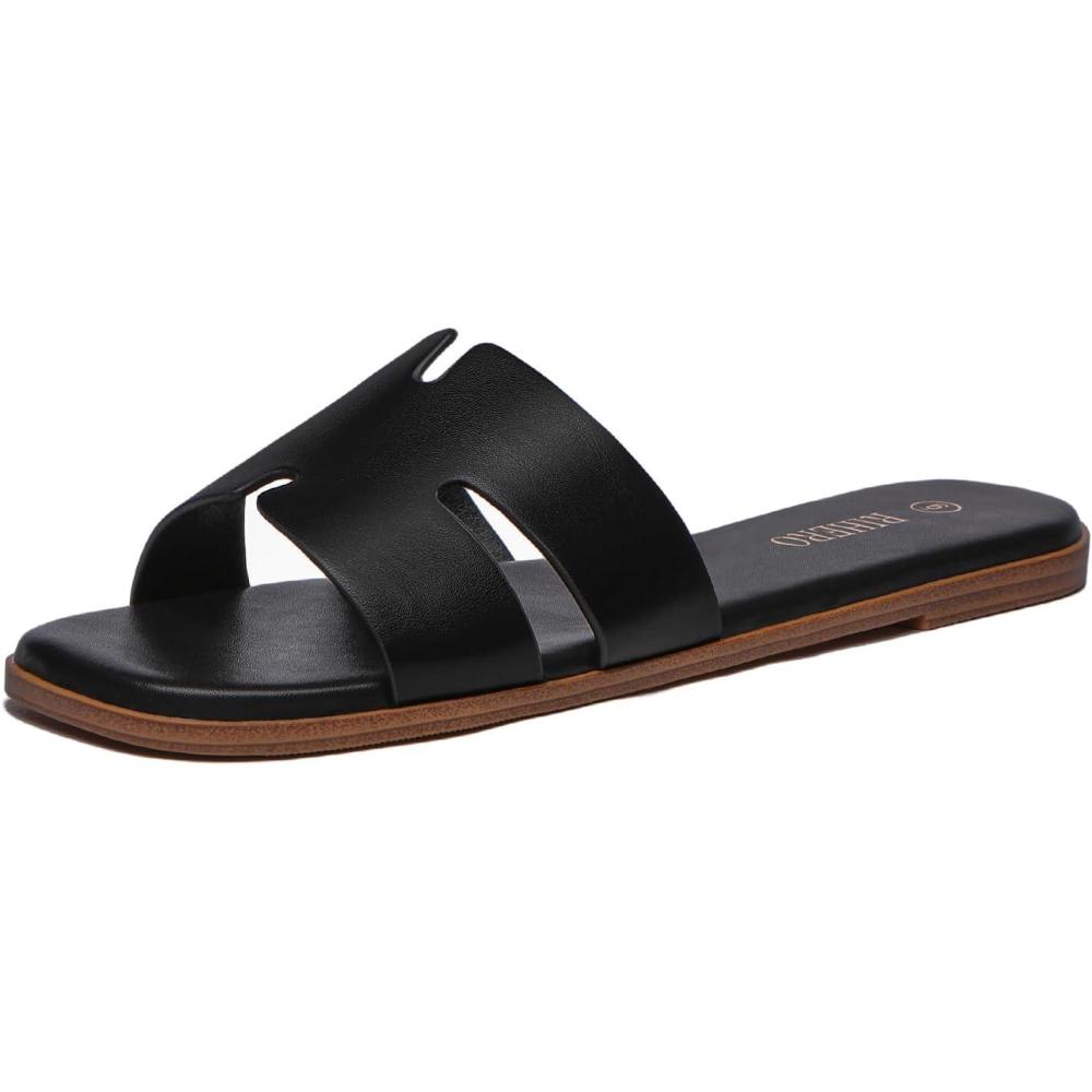 imageRihero Womens Dressy Flat Sandals Comfortable Slip On Leather Slide SandalsBlack