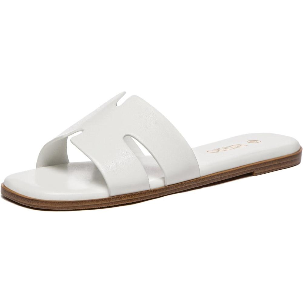 imageRihero Womens Dressy Flat Sandals Comfortable Slip On Leather Slide SandalsWhite