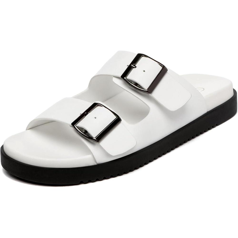 imageRihero Womens Flat Sandals Comfort Adjustable Double Strap Slip on Leather Footbed SandalsBlack White