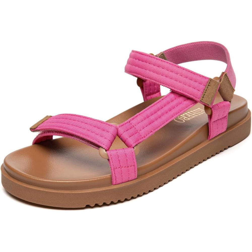 imageRihero Womens Flat Sandals Comfortable Open Toe Adjustable Strap Walking Footbed SandalsHot Pink