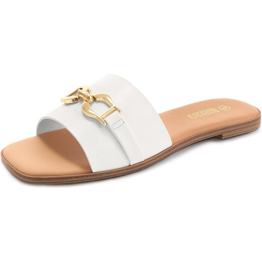 imageRihero Womens Flat Sandals Summer Comfortable Square Open Toe Slip On Leather Slide SandalsWhite
