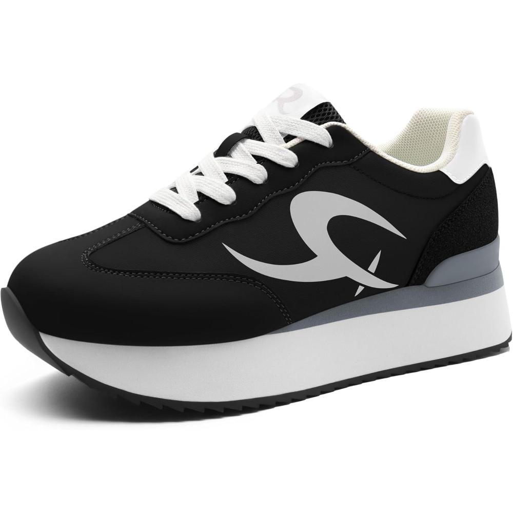 imageRihero Womens Platform Sneakers Casual Lace Up Non Slip Tennis Walking Shoes Comfortable Lightweight Chunky Fashion SneakersBlack