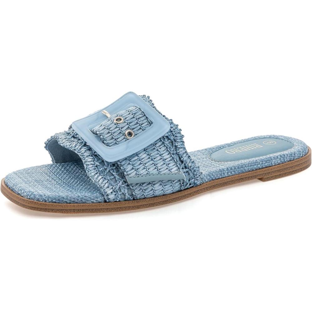 imageRihero Womens Raffia Flat Sandals Square Open Toe Summer Beach Slip On Woven Buckle Slide SandalsBlue