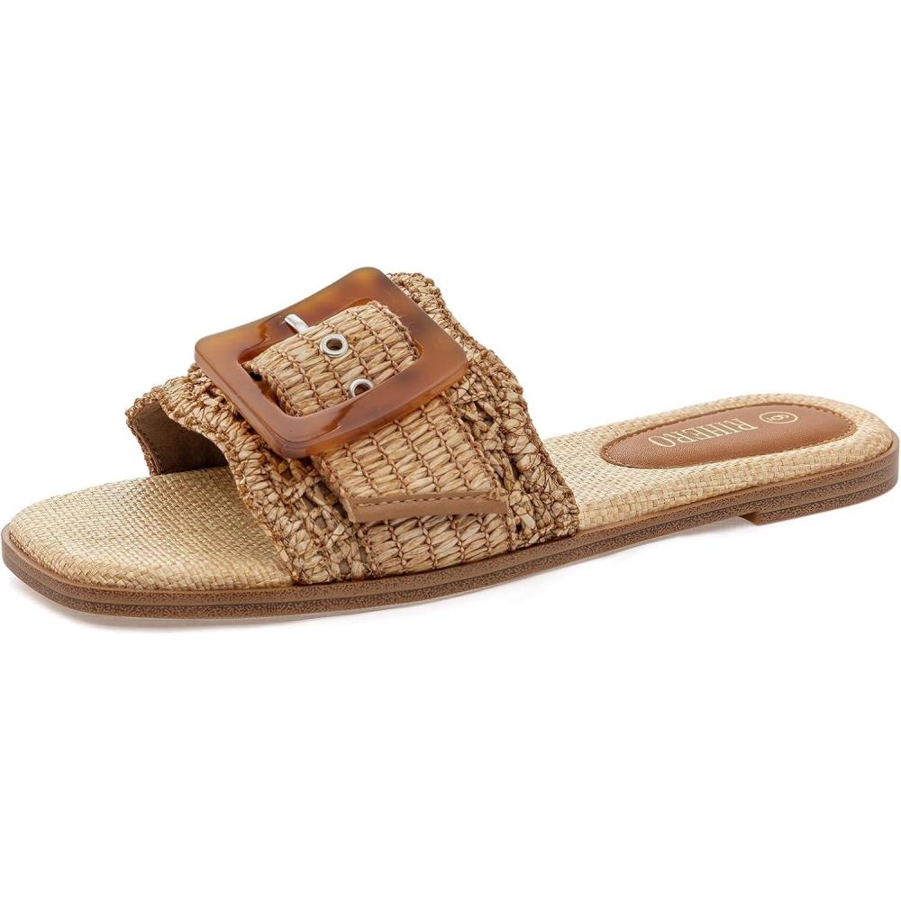 imageRihero Womens Raffia Flat Sandals Square Open Toe Summer Beach Slip On Woven Buckle Slide SandalsBrown
