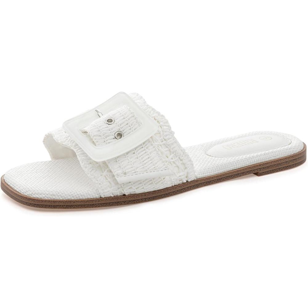 imageRihero Womens Raffia Flat Sandals Square Open Toe Summer Beach Slip On Woven Buckle Slide SandalsWhite