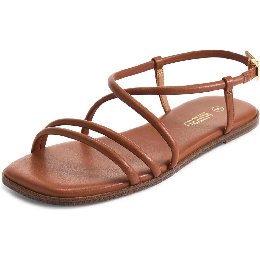 imageRihero Womens Strappy Flat Sandals Summer Lace Up Open Toe Comfortable SlipOn Ankle Strap SandalsBrown