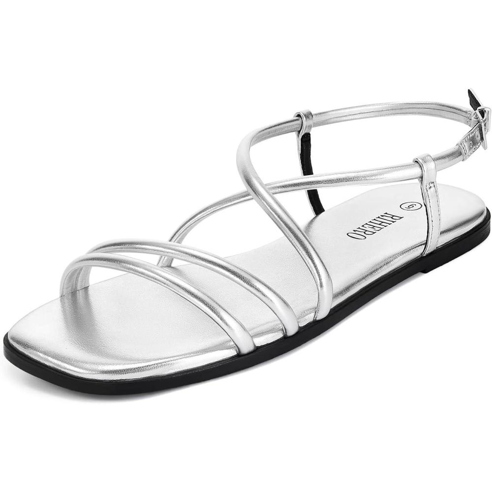 imageRihero Womens Strappy Flat Sandals Summer Lace Up Open Toe Comfortable SlipOn Ankle Strap SandalsSilver