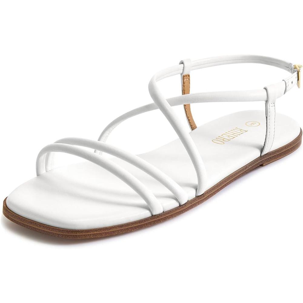 imageRihero Womens Strappy Flat Sandals Summer Lace Up Open Toe Comfortable SlipOn Ankle Strap SandalsWhite