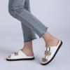 Rihero Women’s Flat Sandals Comfort Adjustable Double Strap Slip on Leather Footbed Sandals(Black White)