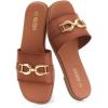 Rihero Women’s Flat Sandals Summer Comfortable Square Open Toe Slip On Leather Slide Sandals(Cognac)