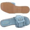 Rihero Women’s Raffia Flat Sandals Square Open Toe Summer Beach Slip On Woven Buckle Slide Sandals(Blue)