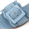 Rihero Women’s Raffia Flat Sandals Square Open Toe Summer Beach Slip On Woven Buckle Slide Sandals(Blue)