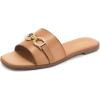Rihero Women’s Flat Sandals Summer Comfortable Square Open Toe Slip On Leather Slide Sandals(Camel)