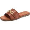 Rihero Women’s Flat Sandals Summer Comfortable Square Open Toe Slip On Leather Slide Sandals(Cognac)
