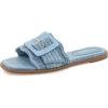 Rihero Women’s Raffia Flat Sandals Square Open Toe Summer Beach Slip On Woven Buckle Slide Sandals(Blue)