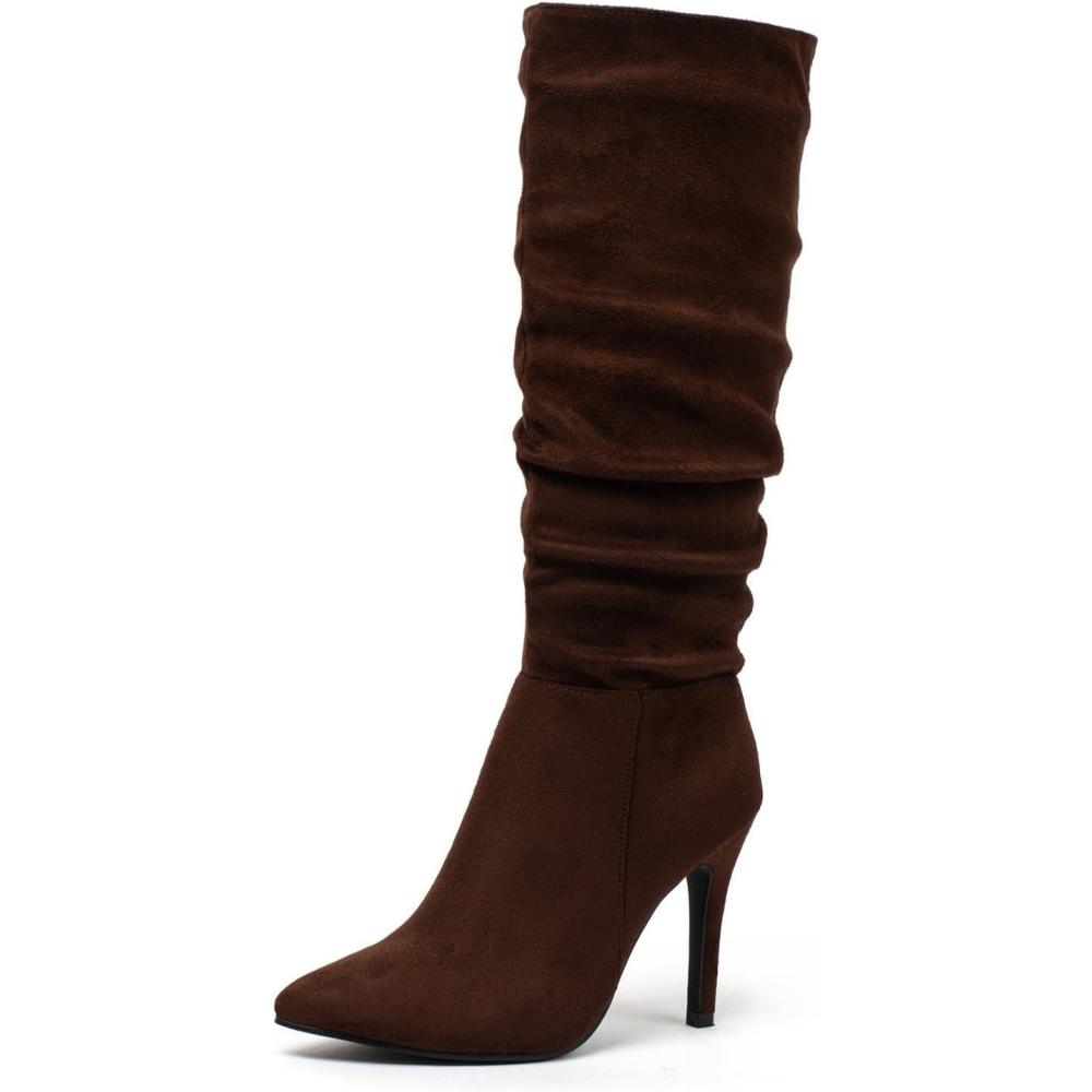 imagekatliu Women Suede Knee High Boots Pointed Toe Stiletto Boot Slouchy Zipper High Heel BootsBrown