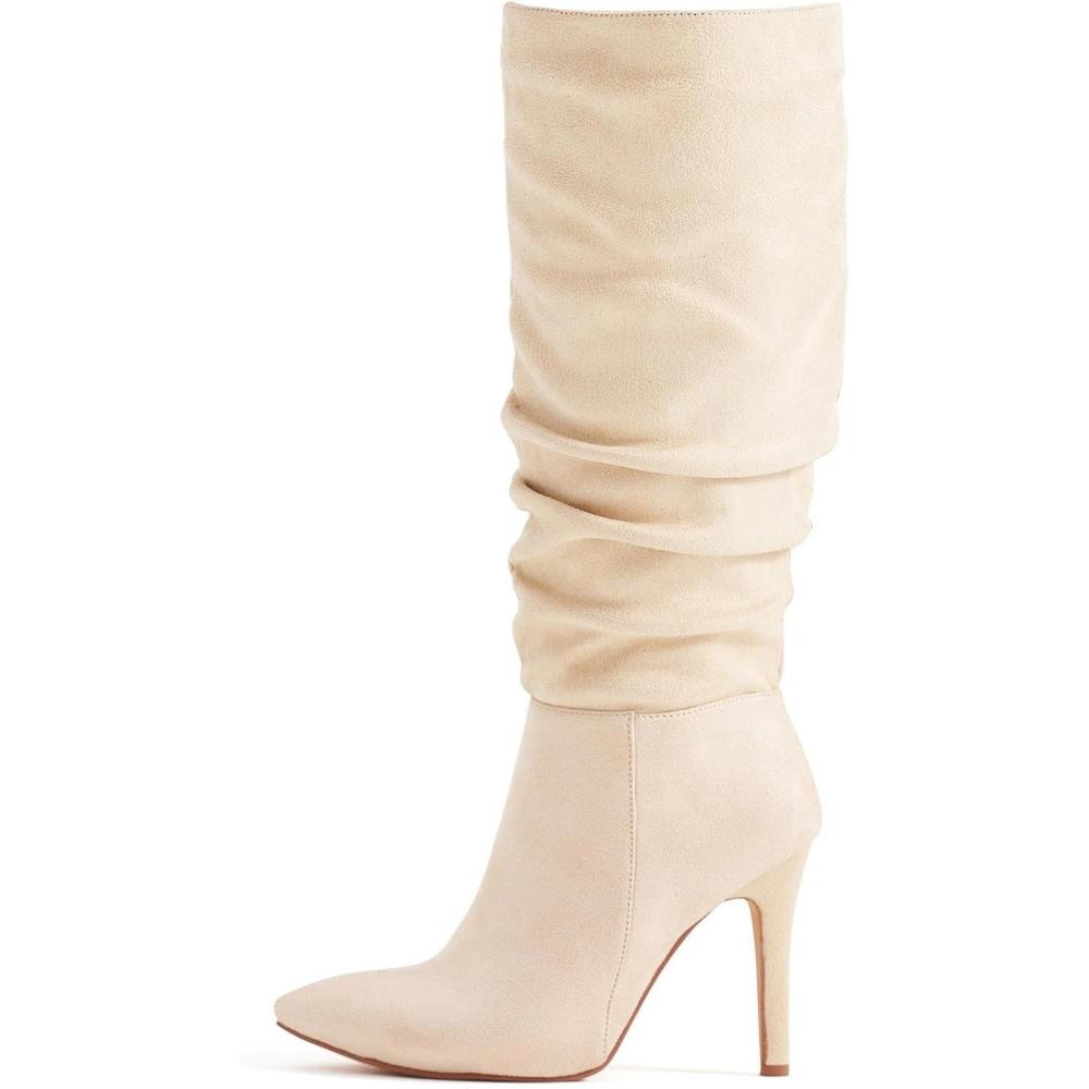 imagekatliu Women Suede Knee High Boots Pointed Toe Stiletto Boot Slouchy Zipper High Heel BootsIvory