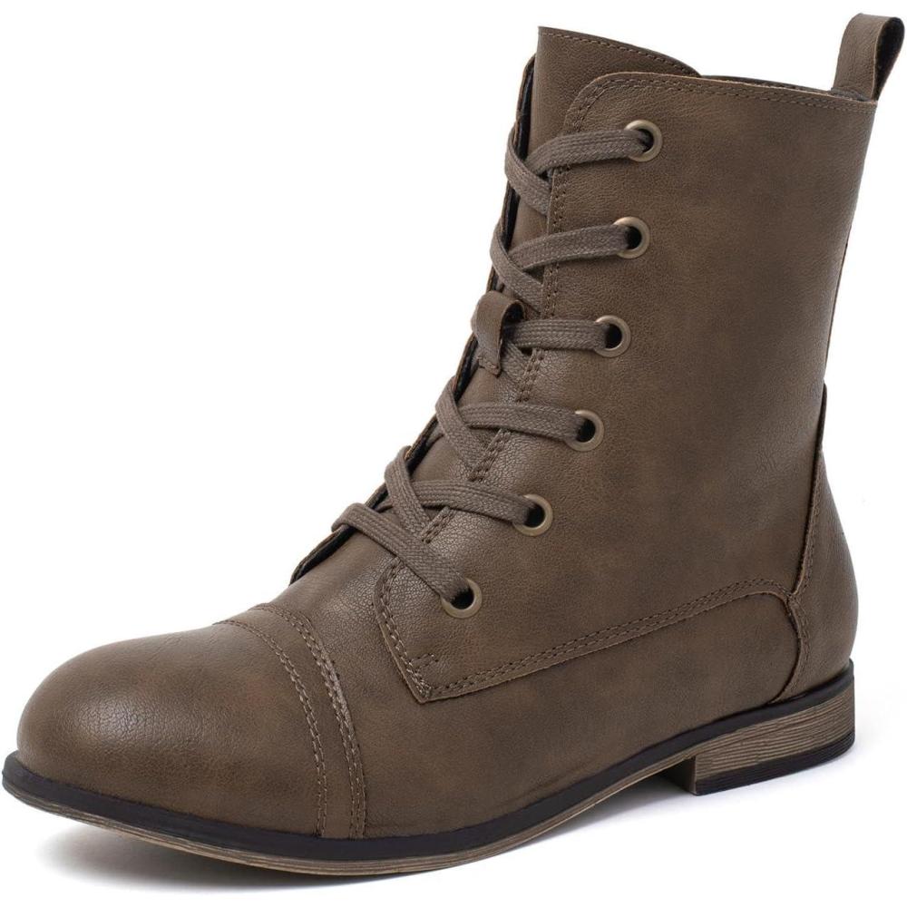 imagekatliu Womens Combat Boots Lace up Military Ankle Boots Side Zipper Round Toe BootiesCoffee