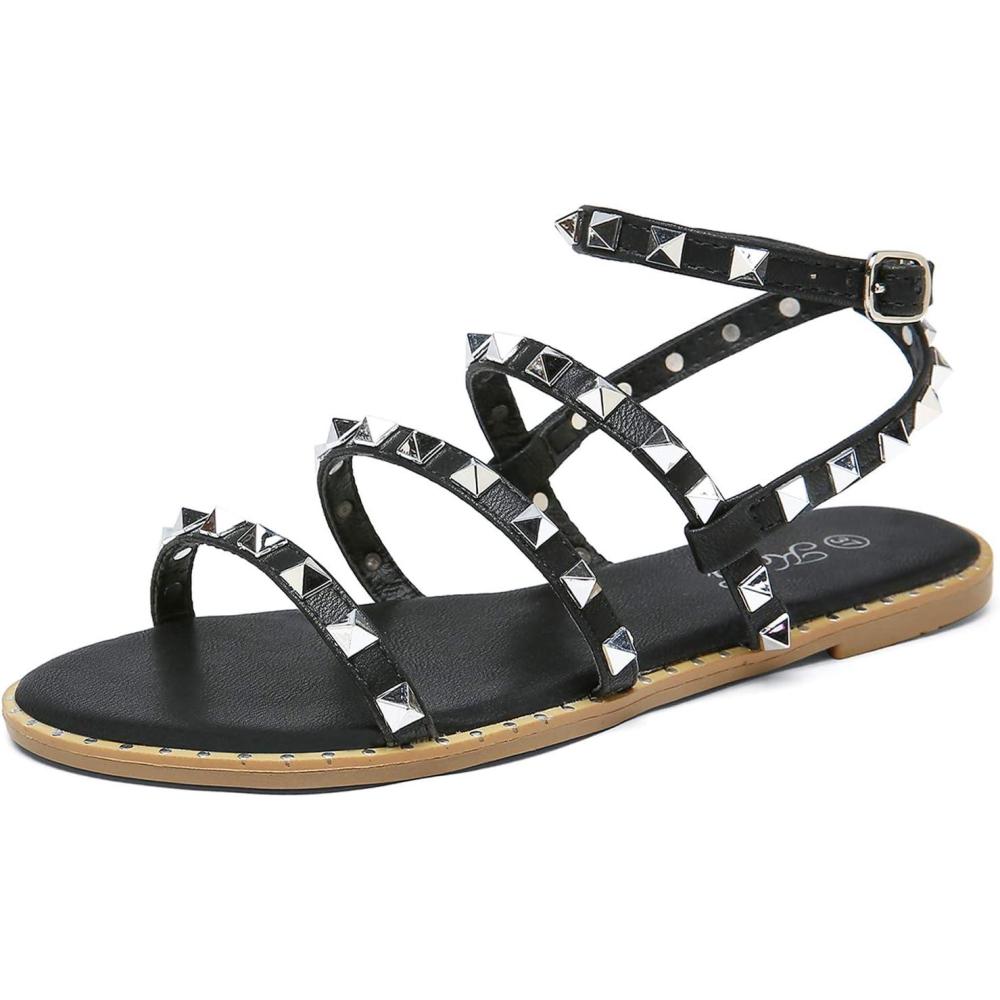 imagekatliu Womens Flat Sandals Strappy Studded Sandals Gladiator Sandals with Ankle StrapBlack