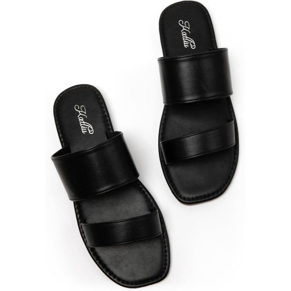 imagekatliu Womens Flat Sandals Two Strap Slide Sandals Open ToeAll Black