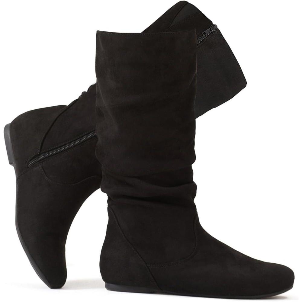 imagekatliu Womens Slouchy Mid Calf Boots Zip up Flat BootsFaux Suede Black