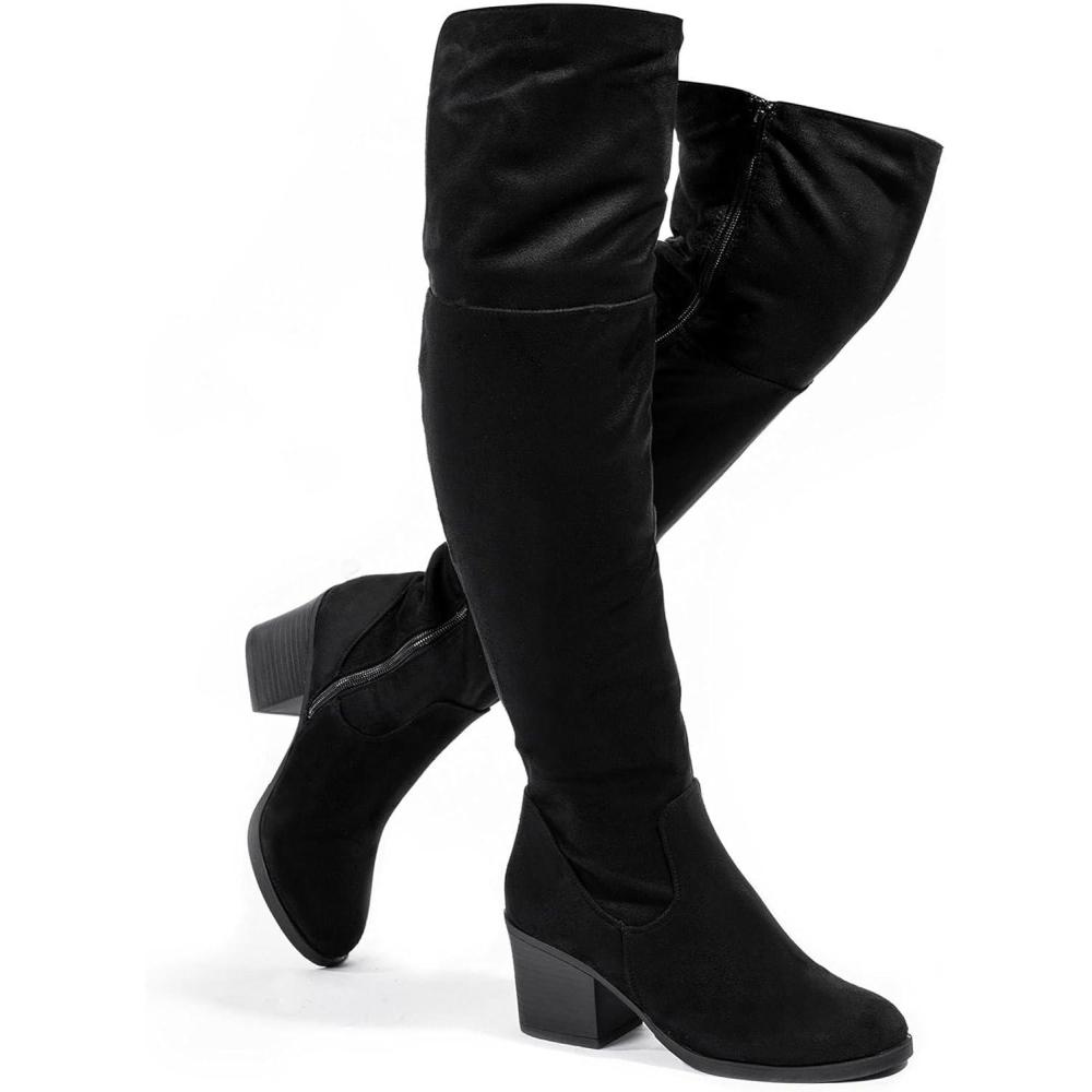 imagekatliu Womens Thigh High Boots Sexy Stacked Block Heel Boots Over the KneeBlack