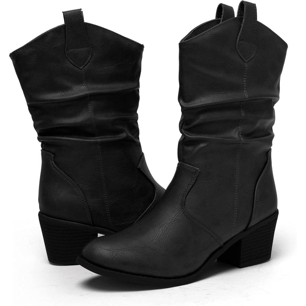 imagekatliu Womens Western Cowboy Boots with PullUp Tabs MidCalf Boots Low Heel Black Size 95
