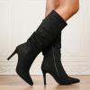 katliu Women Suede Knee High Boots Pointed Toe Stiletto Boot Slouchy Zipper High Heel Boots(Black)