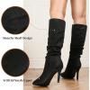 katliu Women Suede Knee High Boots Pointed Toe Stiletto Boot Slouchy Zipper High Heel Boots(Black)