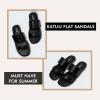 katliu Women’s Flat Sandals Two Strap Slide Sandals Open Toe(All Black)