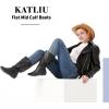 katliu Women’s Slouchy Mid Calf Boots Zip up Flat Boots(Black)