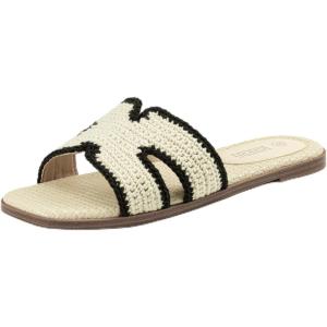 Rihero Women’s Dressy Flat Sandals Comfortable Slip On Leather Slide Sandals(Cream)