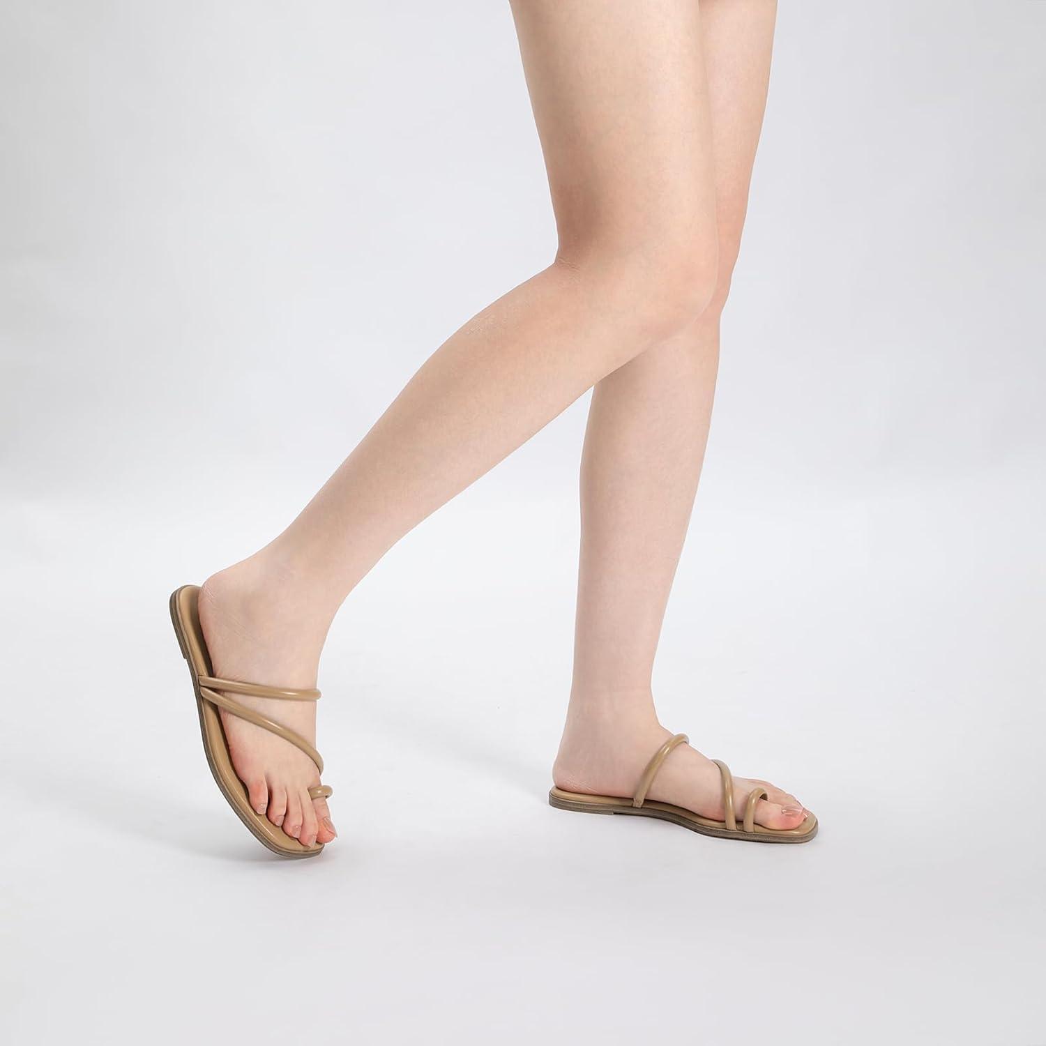 imageRihero Womens Slide Sandals Comfortable Square Toe Beach Slip On Strappy Thong Flat SandalsTaupe