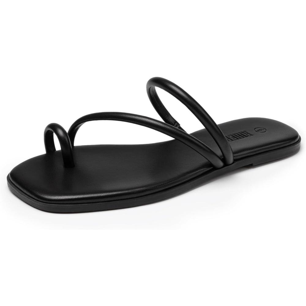 imageRihero Womens Slide Sandals Comfortable Square Toe Beach Slip On Strappy Thong Flat SandalsBlack