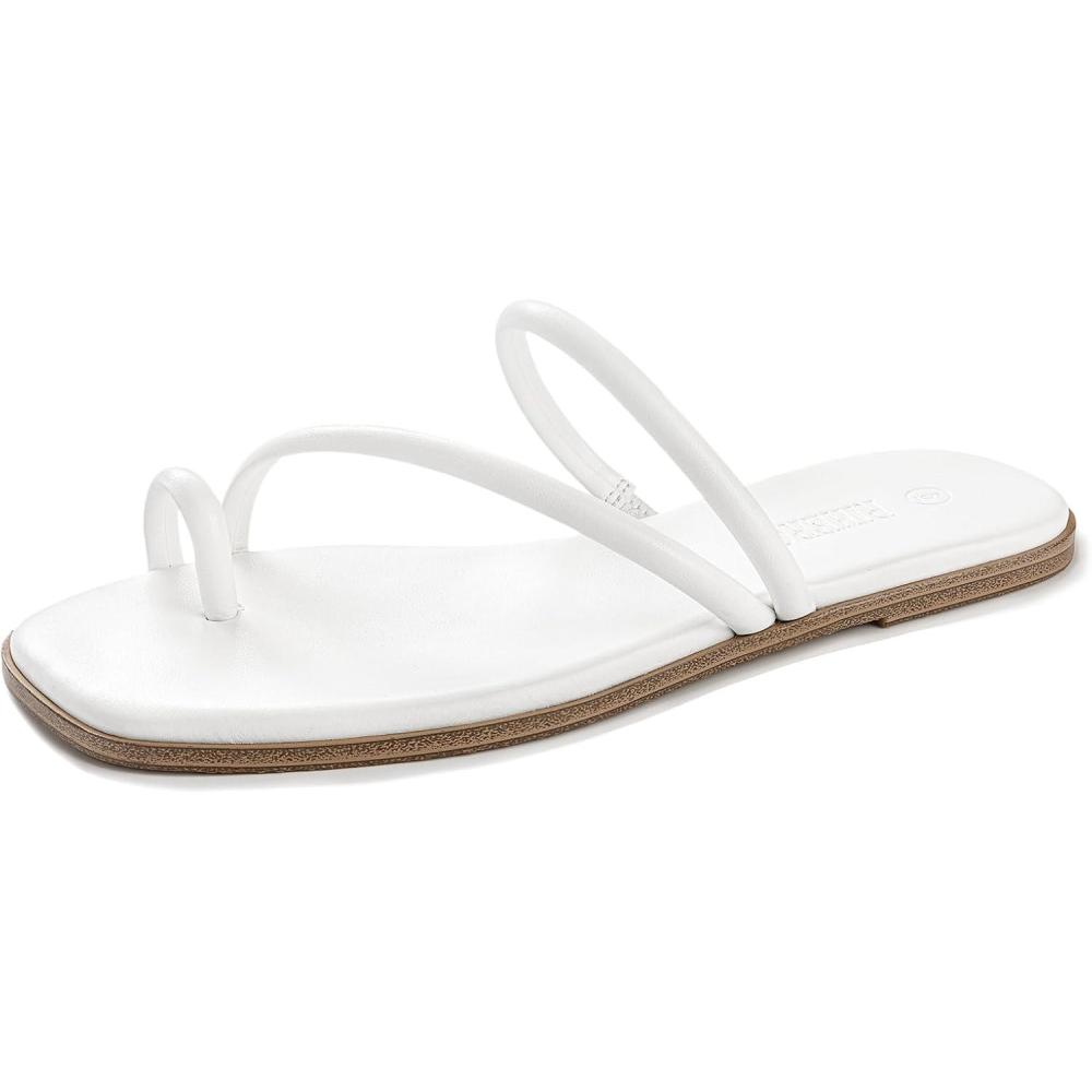imageRihero Womens Slide Sandals Comfortable Square Toe Beach Slip On Strappy Thong Flat SandalsWhite