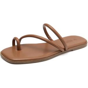 Rihero Women’s Slide Sandals Comfortable Square Toe Beach Slip On Strappy Thong Flat Sandals(Brown)