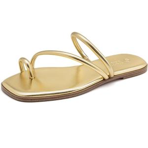 Rihero Women’s Slide Sandals Comfortable Square Toe Beach Slip On Strappy Thong Flat Sandals(Gold)