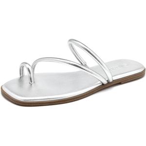 Rihero Women’s Slide Sandals Comfortable Square Toe Beach Slip On Strappy Thong Flat Sandals(Silver)