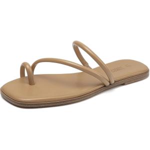 Rihero Women’s Slide Sandals Comfortable Square Toe Beach Slip On Strappy Thong Flat Sandals(Taupe)