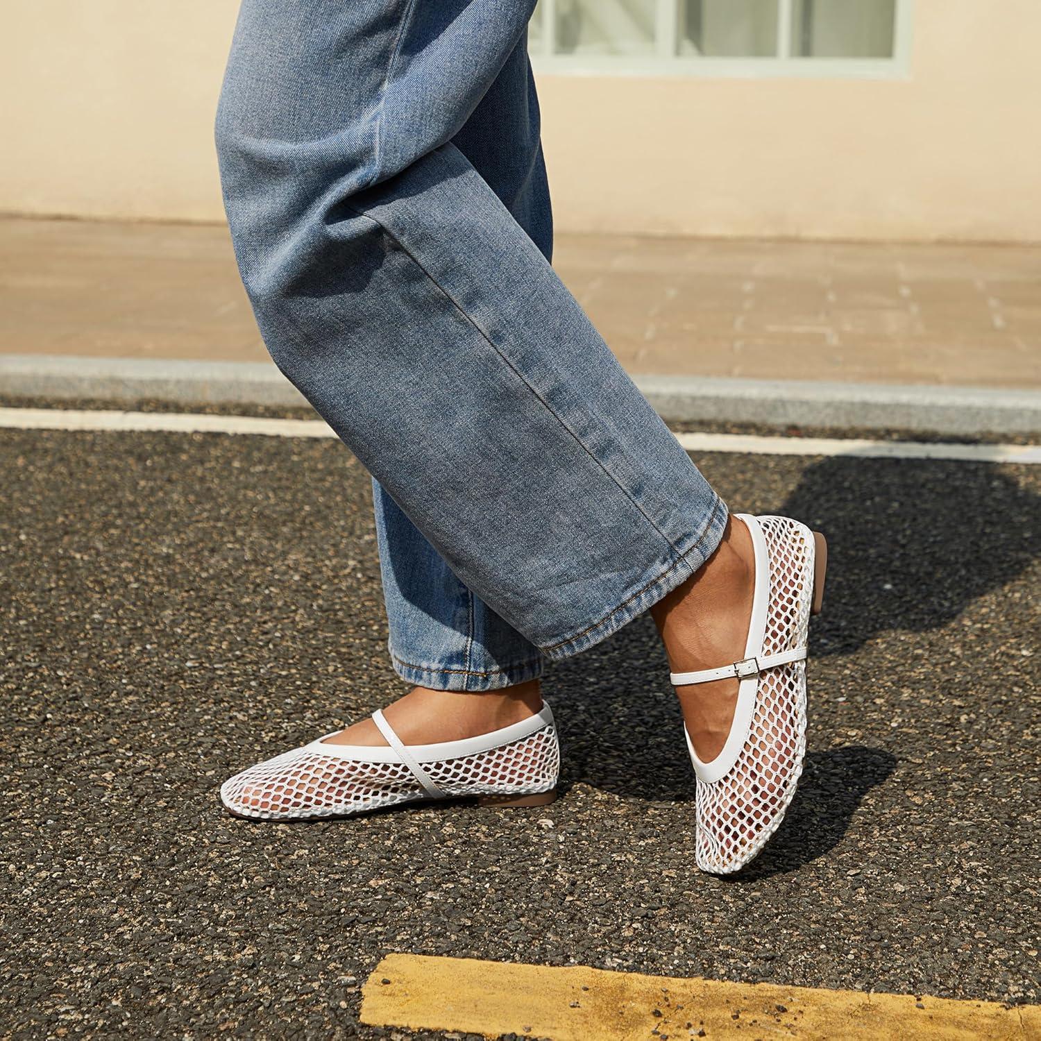 imageRihero Mesh Ballet Flats for Women Comfortable Square Toe Ballerina Flats Buckle Strap Casual Fishnet Flat ShoesWhite