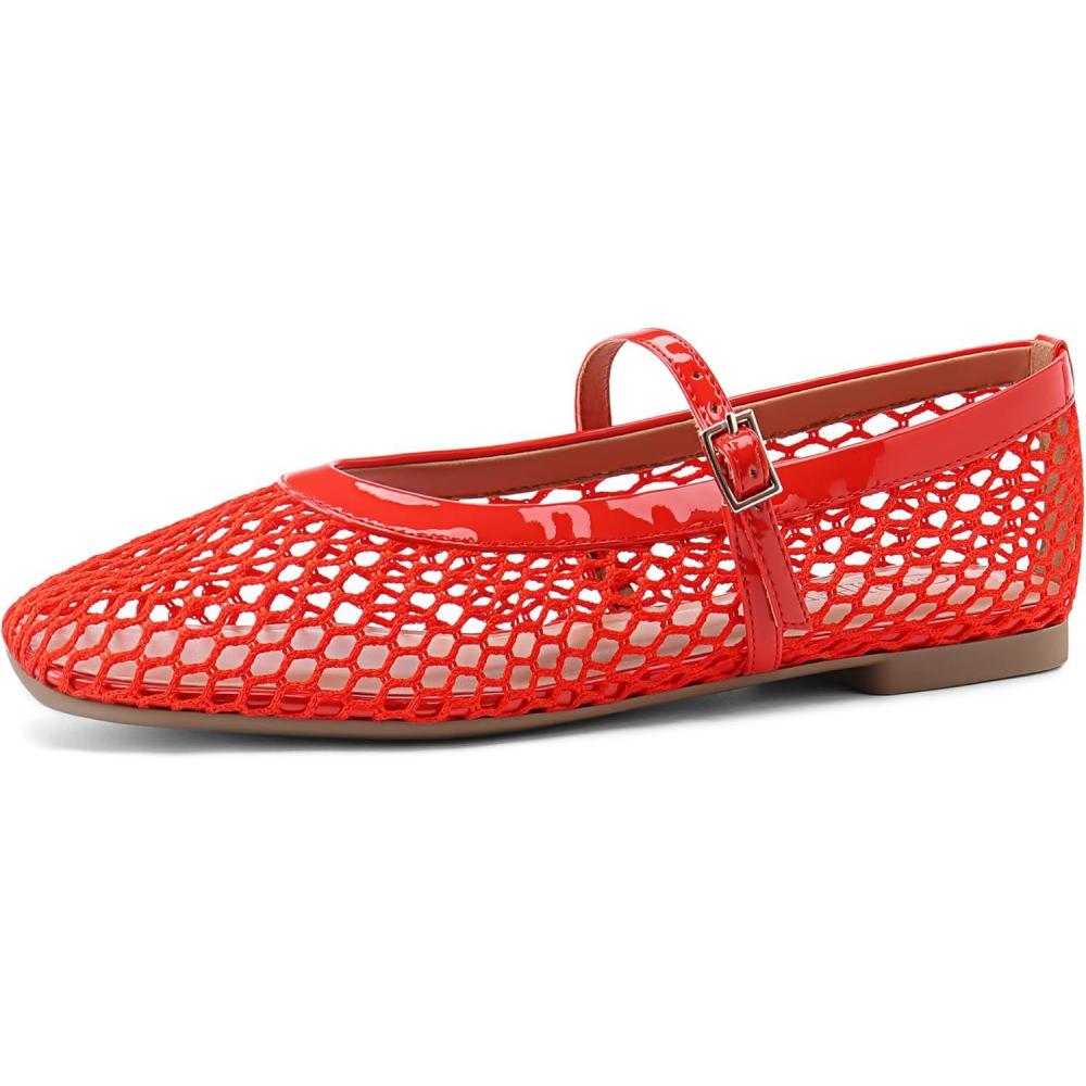 imageRihero Mesh Ballet Flats for Women Comfortable Square Toe Ballerina Flats Buckle Strap Casual Fishnet Flat ShoesRed