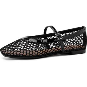 Rihero Mesh Ballet Flats for Women Comfortable Square Toe Ballerina Flats Buckle Strap Casual Fishnet Flat Shoes(Black)